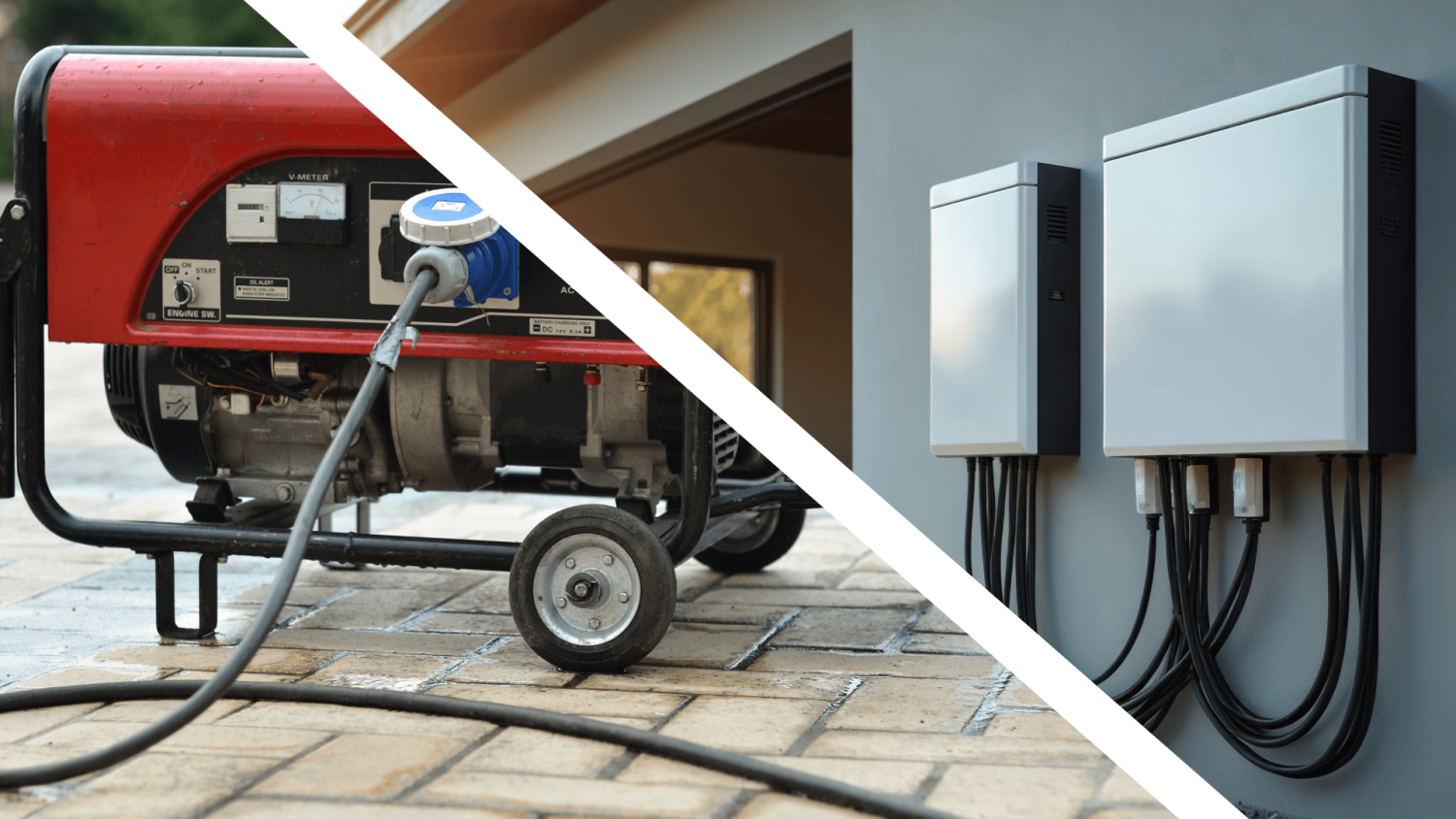 A split image showing the differences between a Generator vs. a Battery Backup in a Dripping Springs home.
